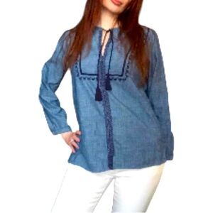 J Crew Mercantile denim look 100% cotton long sleeve boho embroidered shirt, med